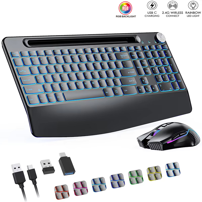 Gaming Keyboard And Mouse Set - 2.4G&Type-C draadloze toetsenbord-muiscombinatie met polssteun, RGB-achtergrondverlichting,