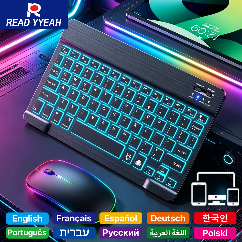 Gaming Keyboard Bluetooth - READ YYEAH RGB-achtergrondverlichte Bluetooth-toetsenbord-muiscombo Meertalig oplaadbaar