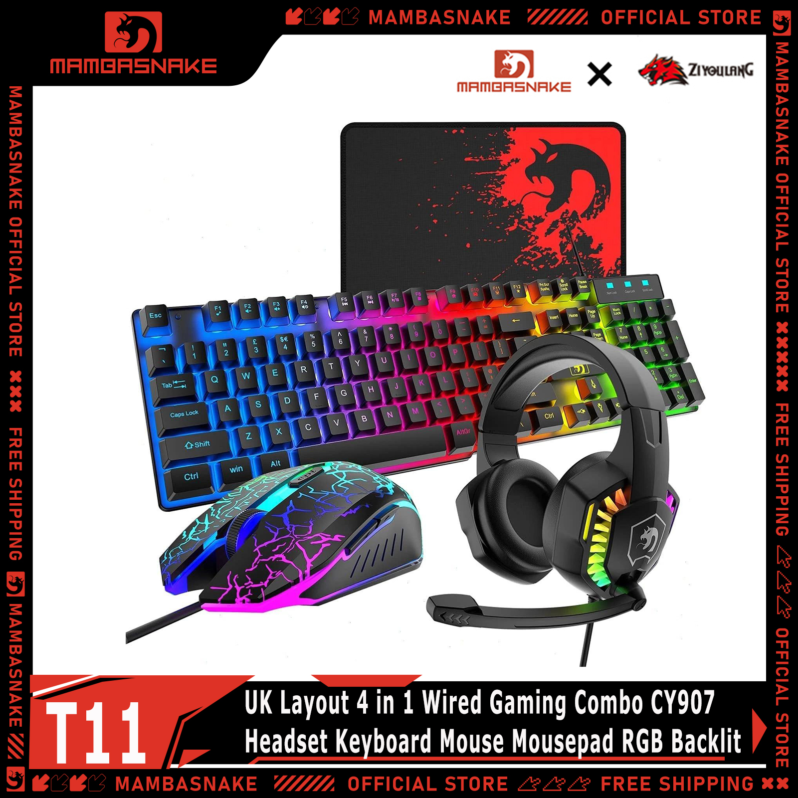 Gaming Keyboard Mouse And Headset Combo - MAMBASNAKE X ZIYOULANG T11 UK Layout